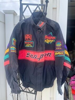 Snap On Black Jacket with Red Stripe and Multicolor Patches